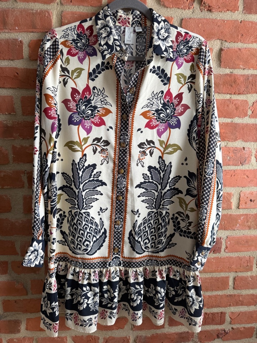 Joie Cream Floral Button-Up with Navy & Burgundy Accents